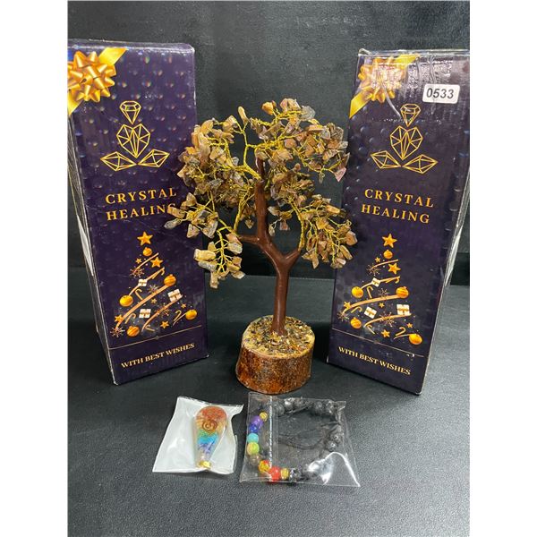 2 Crystal Healing Tiger Eye Tree of Life/Crystal Feng Shui Bonsai Meditation Decor Trees - New