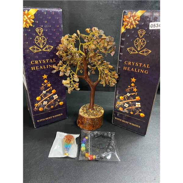2 Crystal Healing Tiger Eye Tree of Life/Crystal Feng Shui Bonsai Meditation Decor Trees - New