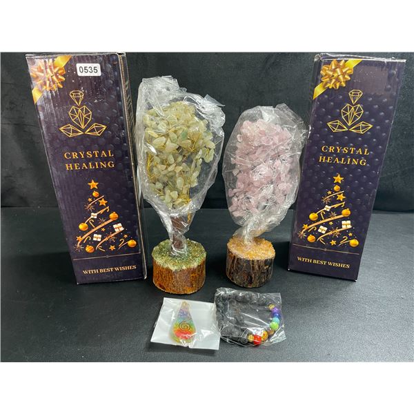 2 Crystal Healing Tree of Life/Crystal Feng Shui Bonsai Meditation Decor Trees - New
