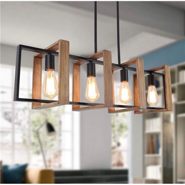 1 4-Bulb Adjustable Modern Wood Island Lights/ Farmhouse Chandelier Matte Black - New