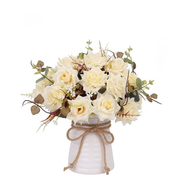 1 Artificial Rose Bouquets with Ceramic Vase - Fake Silk Rose - Champagne Colour - New