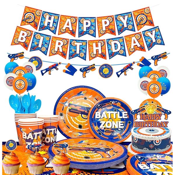 1 Happy Birthday Party Set with Cups/Plates/Cutlery/Banners etc - Nerf Themed - New