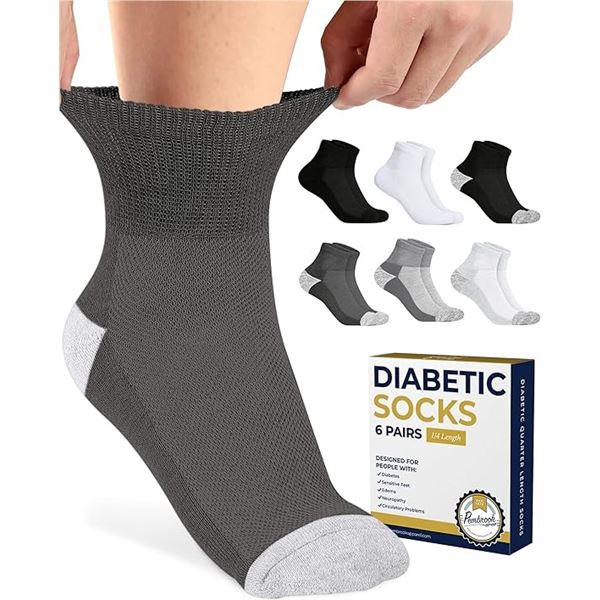 6-Pack Box of 1/4' Length Diabetic Socks with Cushioned Sole and Seamless Toes - New