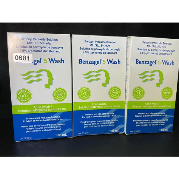 3 Benzagel 5% Benzoyl Peroxide Acne Wash; Prevents & Kills Acne Bacteria (85ml Each) - New