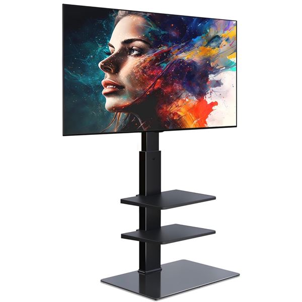 1 Fitueyes 3 Tier Glass Adjustable TV Stand with Mount - 60 Degree Swivel - New