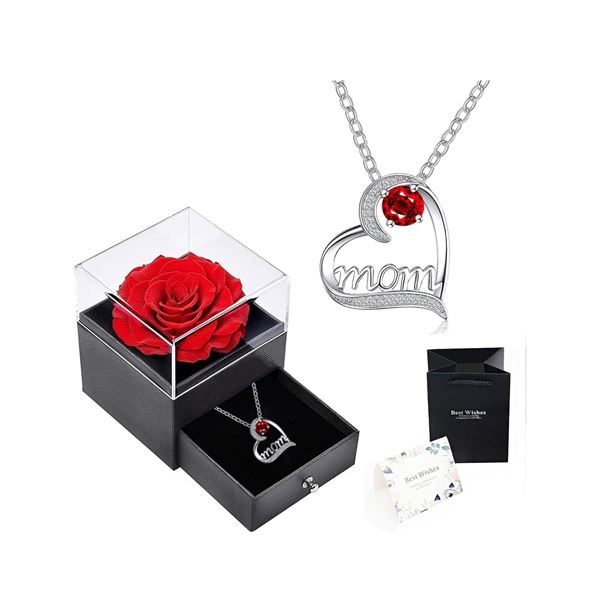 1 Preserved Real Rose Gift Set with Eternal Rose Heart Pendant for Moms - New