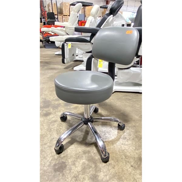 GREY PADDED ADJUSTABLE HEIGHT ROLLING COMMERCIAL ESTHETICIAN STOOL
