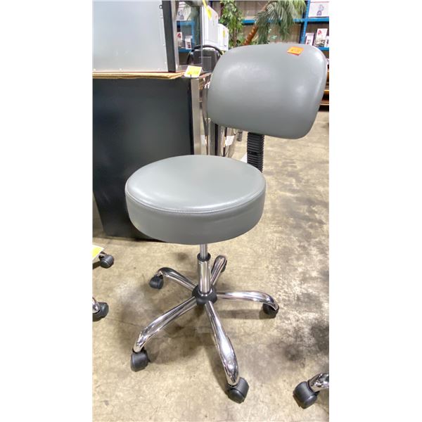 GREY PADDED ADJUSTABLE HEIGHT ROLLING COMMERCIAL ESTHETICIAN STOOL