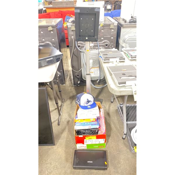 EPSON PORTABLE WIRELESS PRINTER, METAL IPAD STAND,3 CANUCKS HATS, BOX OF ASSORTED