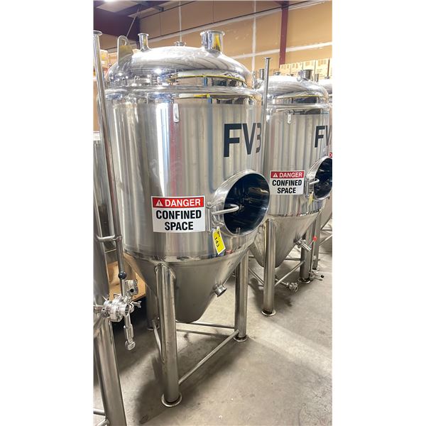 STAINLESS STEEL JACKETED CONE BOTTOM COMMERCIAL BREWERY FERMENTATION TANK W/FRONT ACCESS ON TRI-LEGS
