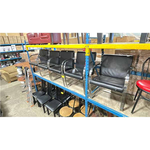 6 CHROME METAL FRAMED BLACK LEATHER LOOK RESTAURANT ARMCHAIRS *MUST TAKE ALL*