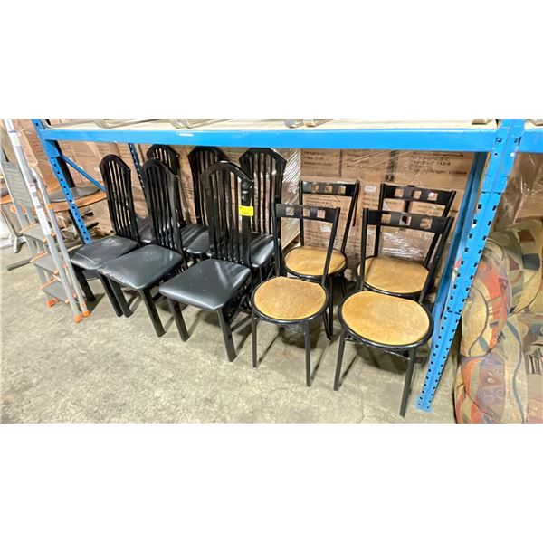 6 WOOD FRAMED BLACK HIGH BACK RESTAURANT SIDE CHAIRS & 4 BLACK METAL FRAMED CAFE CHAIRS