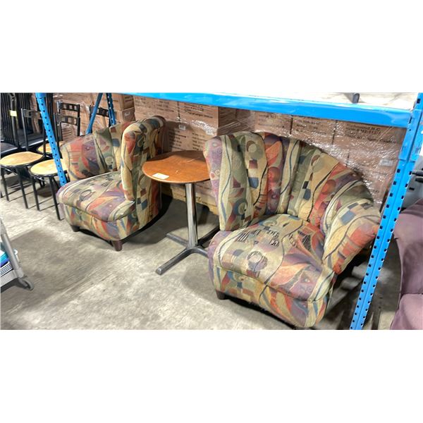 PAIR OF MODERN SLOPE BACK STYLE DECOR ACCENT CHAIRS & 24  ROUND WOOD TOP METAL BASE RESTAURANT TABLE