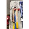 Image 2 : 2 LARGE INDUSTRIAL PRY TOOLS SLEDGE HAMMER, HAND STAPLER, STANLEY PRY BAR, & 2 CLAW HAMMERS