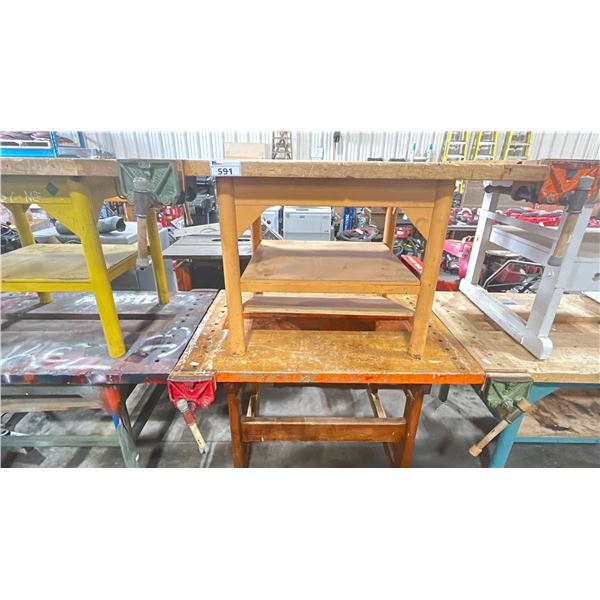 PAIR OF INDUSTRIAL WORK TABLES DIFFERENT SHAPES AND DIMENSIONS BOTH WITH TWO TABLE VISES ON EITHER