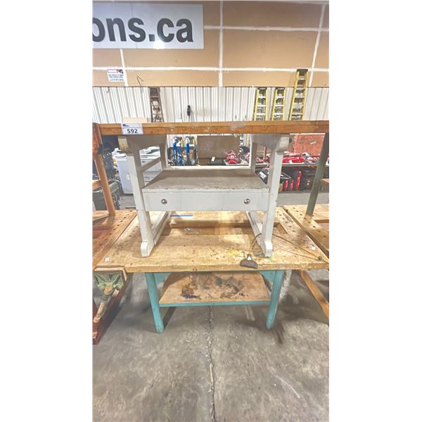 PAIR OF INDUSTRIAL WORK TABLES DIFFERENT SHAPES AND DIMENSIONS BOTH WITH TWO TABLE VISES ON EITHER