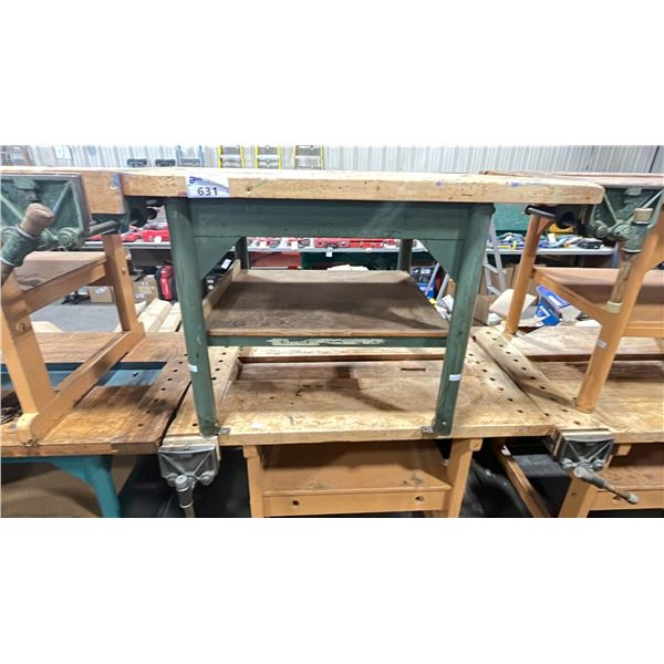 PAIR OF INDUSTRIAL WORK TABLES DIFFERENT SHAPES AND DIMENSIONS BOTH WITH TWO TABLE VISES ON EITHER