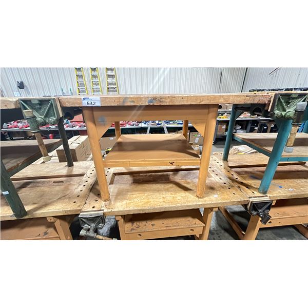 PAIR OF INDUSTRIAL WORK TABLES DIFFERENT SHAPES AND DIMENSIONS BOTH WITH TWO TABLE VISES ON EITHER