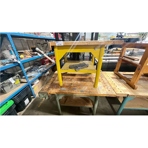 PAIR OF INDUSTRIAL WORK TABLES DIFFERENT SHAPES AND DIMENSIONS BOTH WITH TWO TABLE VISES ON EITHER