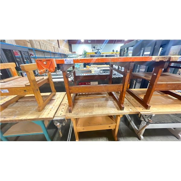 PAIR OF INDUSTRIAL WORK TABLES DIFFERENT SHAPES AND DIMENSIONS BOTH WITH TWO TABLE VISES ON EITHER