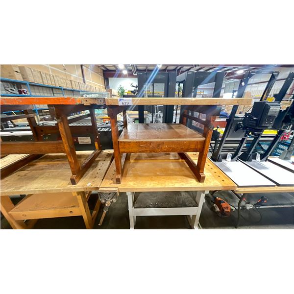 PAIR OF INDUSTRIAL WORK TABLES DIFFERENT SHAPES AND DIMENSIONS ONLY ONE  WITH TWO TABLE VISES ON