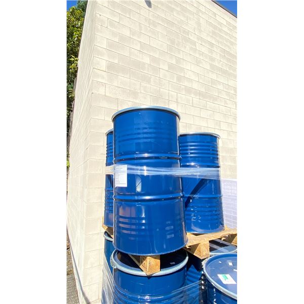 PALLET OF 3 BLUE INDUSTRIAL METAL DRUMS