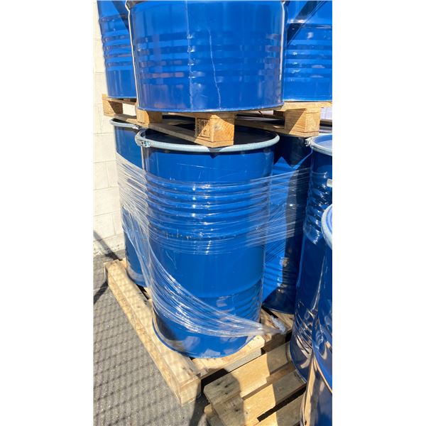 PALLET OF 3 BLUE INDUSTRIAL METAL DRUMS