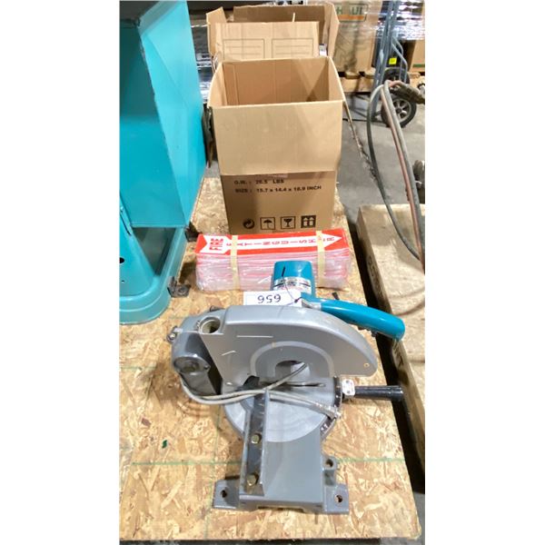 MAKITA 2400B MITER SAW, STACK OF FIRE EXTINGUISHER SIGNS & BOX OF ASSORTED STEEL FISH TAPE
