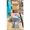 Image 1 : MAKITA 2400B MITER SAW, STACK OF FIRE EXTINGUISHER SIGNS & BOX OF ASSORTED STEEL FISH TAPE