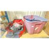 Image 1 : TOOL BAG WITH ASSORTED POWER TOOLS & BIN OF HEAVY DUTY MATERIAL FABRIC
