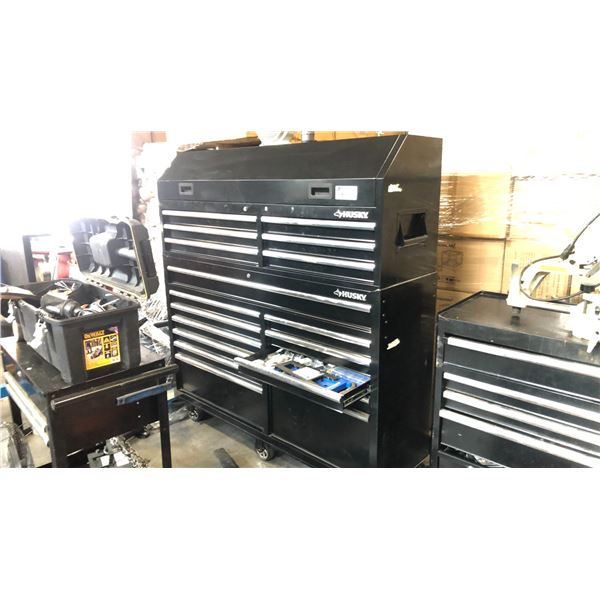 BLACK HUSKY MOBILE MULTI-DRAWER TOOL CABINET W/ SMALL AUTOBODY TOOLS AND SUPPLIES D18  X W60  X H64 