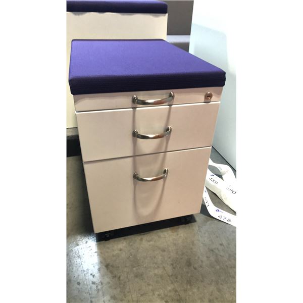 STEELCASE BEIGE 2 DRAWER PURPLE CUSHION TOP MOBILE PEDESTAL