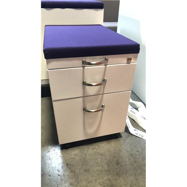STEELCASE BEIGE 2 DRAWER PURPLE CUSHION TOP MOBILE PEDESTAL