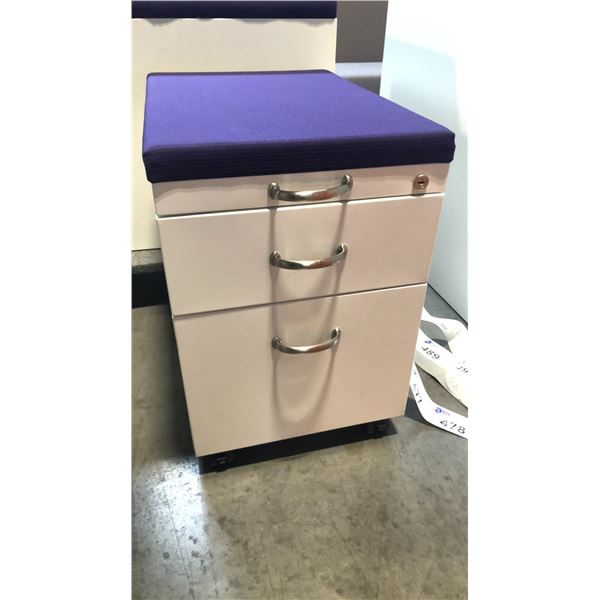 STEELCASE BEIGE 2 DRAWER PURPLE CUSHION TOP MOBILE PEDESTAL