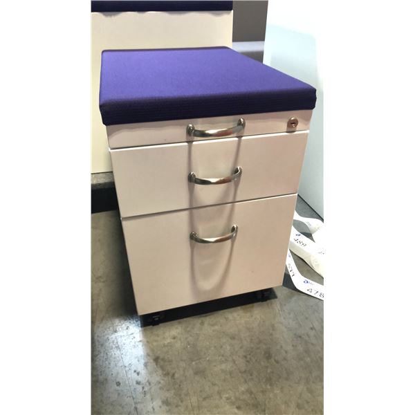 STEELCASE BEIGE 2 DRAWER PURPLE CUSHION TOP MOBILE PEDESTAL