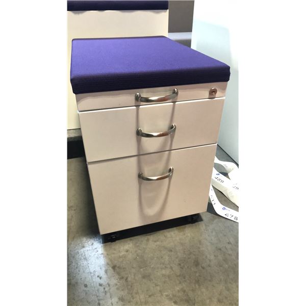 STEELCASE BEIGE 2 DRAWER PURPLE CUSHION TOP MOBILE PEDESTAL