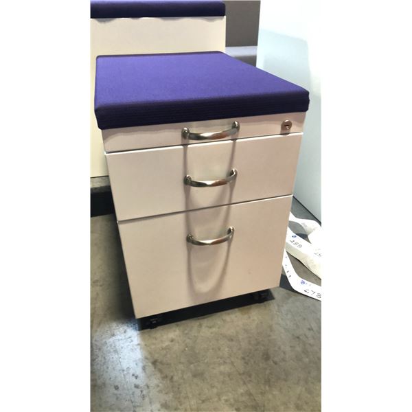 STEELCASE BEIGE 2 DRAWER PURPLE CUSHION TOP MOBILE PEDESTAL