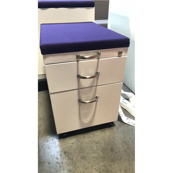 STEELCASE BEIGE 2 DRAWER PURPLE CUSHION TOP MOBILE PEDESTAL