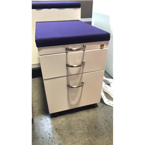 STEELCASE BEIGE 2 DRAWER PURPLE CUSHION TOP MOBILE PEDESTAL