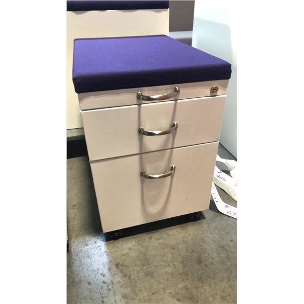 STEELCASE BEIGE 2 DRAWER PURPLE CUSHION TOP MOBILE PEDESTAL
