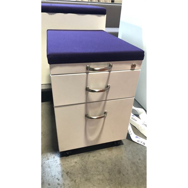 STEELCASE BEIGE 2 DRAWER PURPLE CUSHION TOP MOBILE PEDESTAL