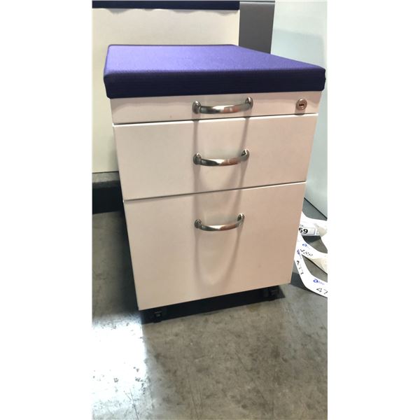 STEELCASE BEIGE 2 DRAWER PURPLE CUSHION TOP MOBILE PEDESTAL