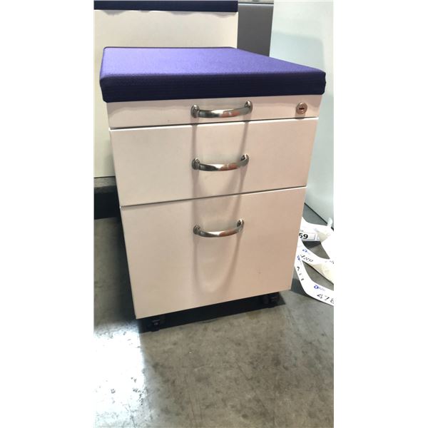 STEELCASE BEIGE 2 DRAWER PURPLE CUSHION TOP MOBILE PEDESTAL