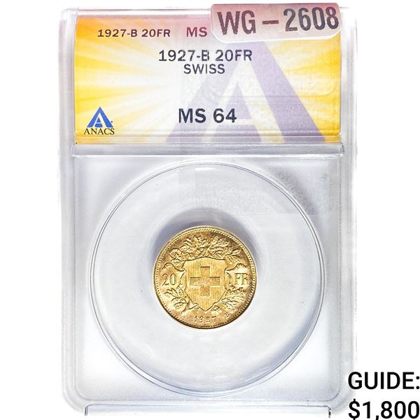 Switzerland .1867oz Gold 20 Francs NGC MS64