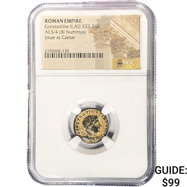 Roman Constantine II, AD 337-340 AE3/4 BI Nummus NGC