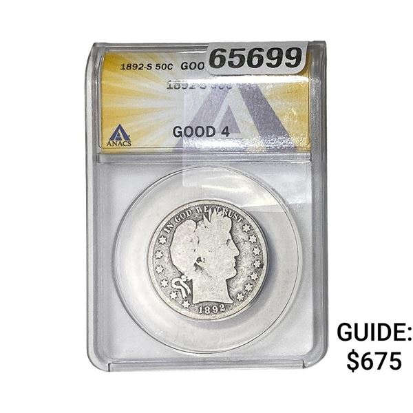 1892-S Barber Half Dollar ANACS Good4