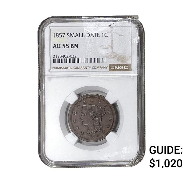 1857 Braided Hair Large Cent NGC AU55 BN