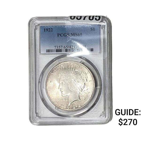 1922 Silver Peace Dollar PCGS MS65