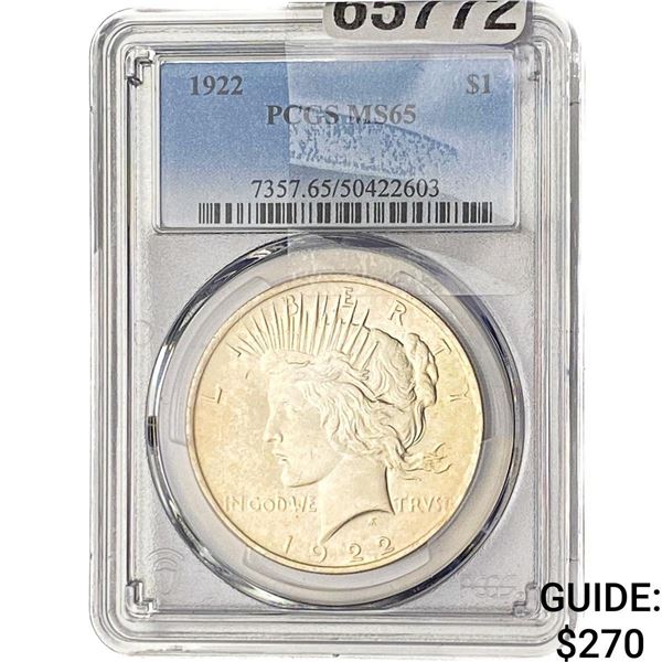 1922 Silver Peace Dollar PCGS MS65