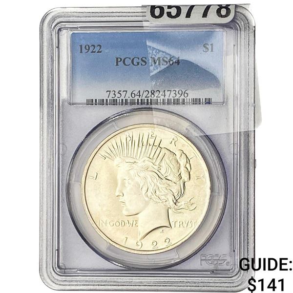 1922 Silver Peace Dollar PCGS MS64